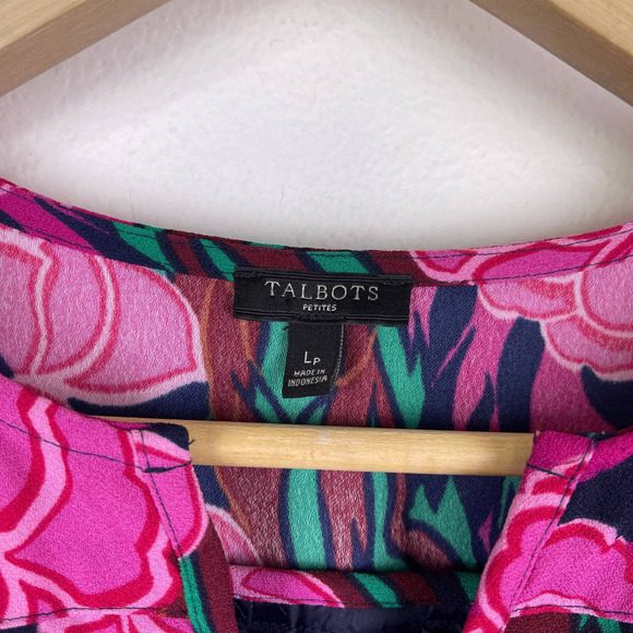 TALBOTS Bold Pink Floral Cap Sleeve Crepe Shift Dress Women's Large Petite LP - Picture 3 of 7